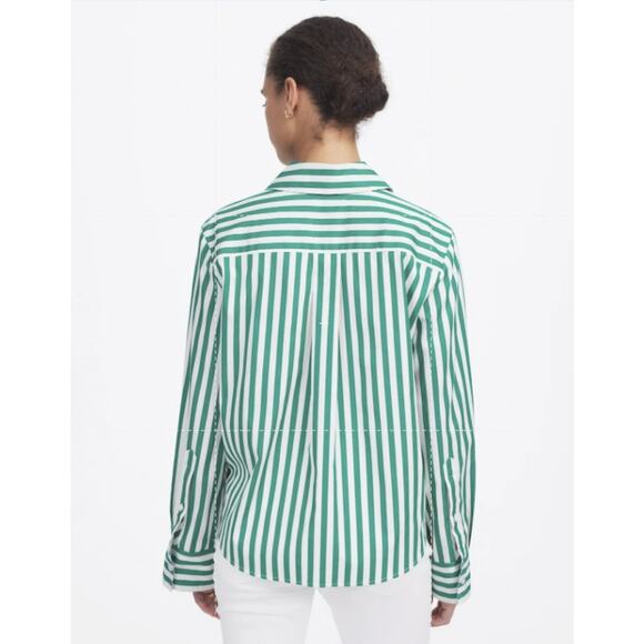 Madewell Poplin Easy Y-Neck Button-Up Shirt WMNS L Green White Sriped NU737 LS - Picture 2 of 8